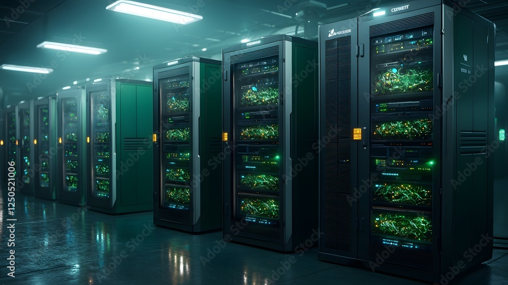 Poster rows of powerful server racks in a modern dark and controlled data center environment the image show