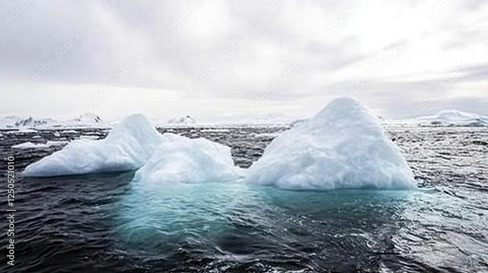 Poster icebergs floating in a calm ocean under a cloudy sky.