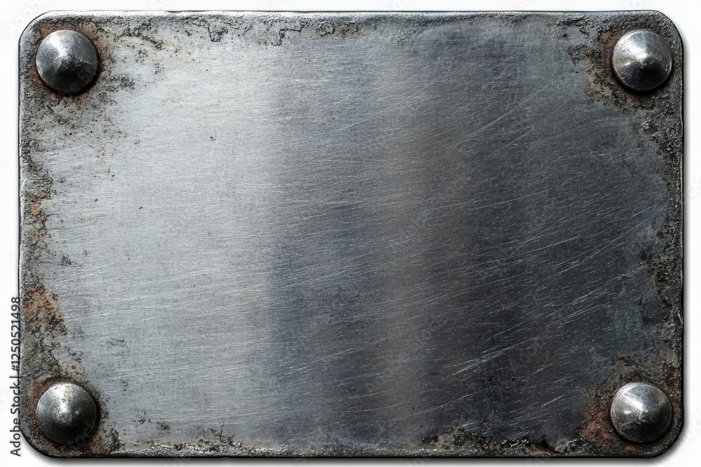 Poster shiny rectangular metal object with round corners and bolt fasteners on a weathered surface for indu