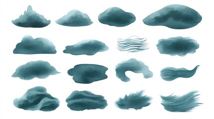 Teal watercolor cloud shapes; design elements; white background; graphic design