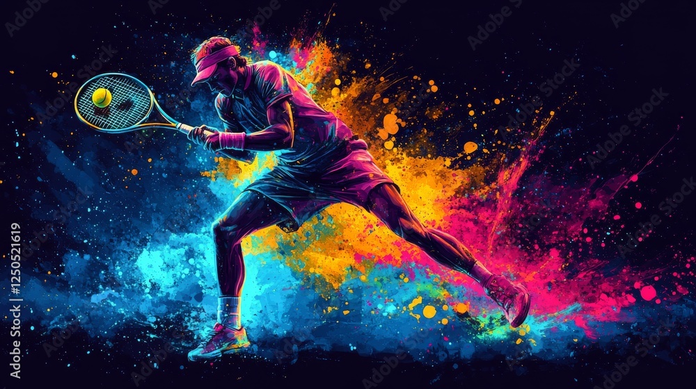 Poster energetic tennis player in dynamic action with vibrant splashes of color: a fusion of sport and art,