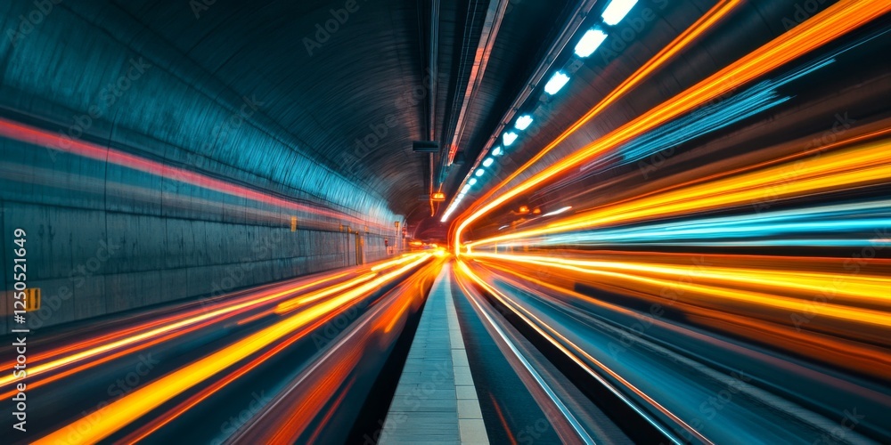 Poster a vibrant display of light trails in a tunnel creates a sense of speed and motion. the contrasting c