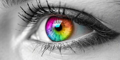 A woman's eye with rainbow colored lashes