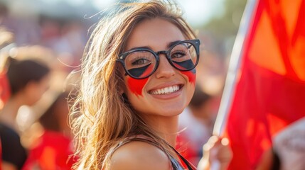 Happy sports fan with red and black face paint, smiling brightly while holding a flag in a lively crowd