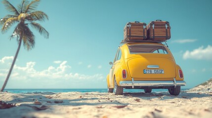 Fototapeta premium Yellow car with luggage on beach, tropical vacation getaway