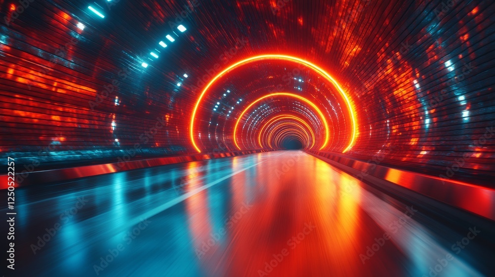 Leinwandbilder neon rings in a futuristic tunnel: a dynamic fusion of technology and artistic vision, with a gleami
