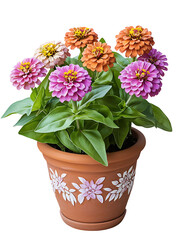 Vibrant zinnia flowers in terracotta pot garden photography natural light close-up detail