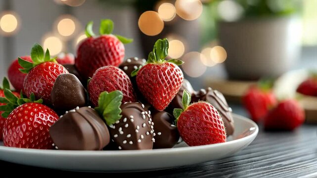 close up Valentines's day chocolate, strawbery, heart, rose petal, look yummy, chocolate at cozy home with bokeh light 