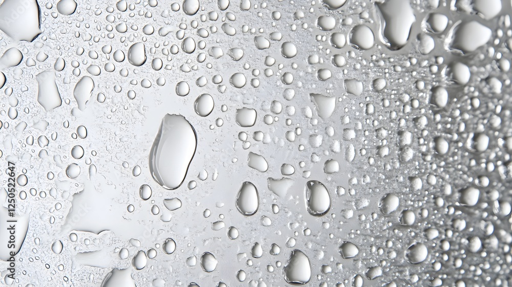 Poster Isolated Transparent Water Droplets Captured Against a Pristine Clean White Studio Background with Minimal Elegant Composition