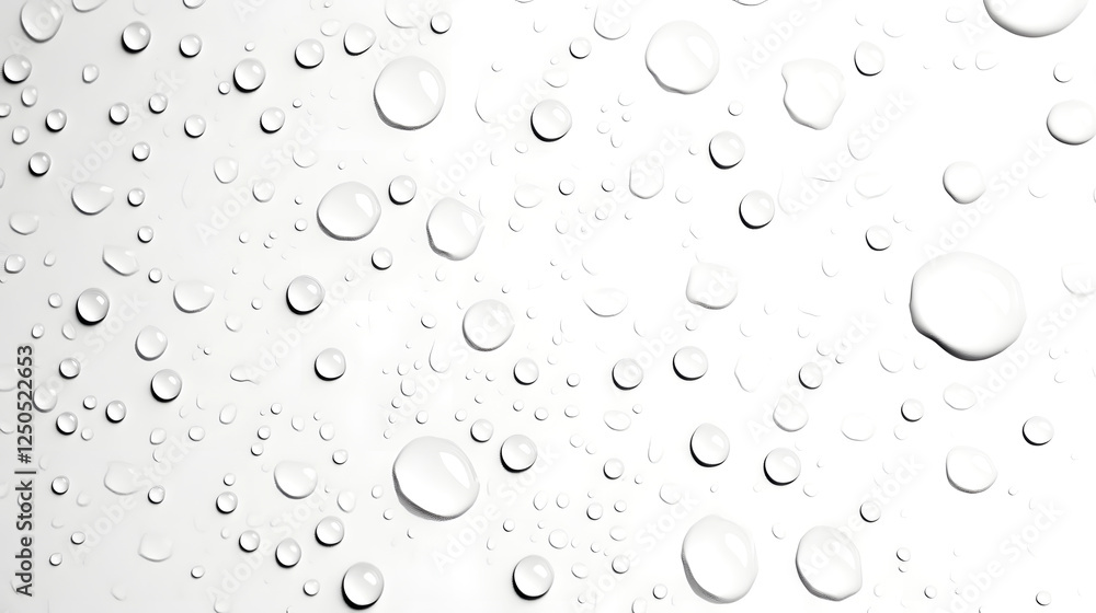 Poster Isolated transparent water droplets floating and suspended against a clean bright white background  The water beads capture the light creating a minimalist ethereal and serene visual effect