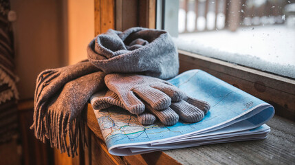 Cozy winter travel essentials including gloves and a scarf on a map by the window