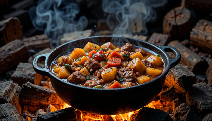 South African potjiekos stew simmering in a cast-iron pot over an open flame with beef, potatoes, and spices