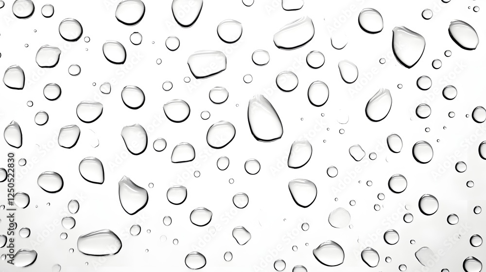 Poster isolated transparent water droplets floating and suspended against a clean minimalist white backgrou