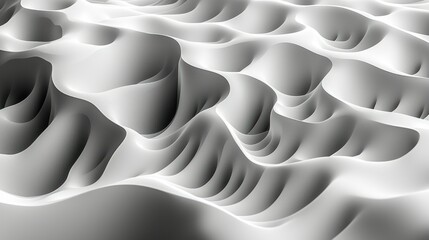 3D white landscape with rolling hills and valleys, abstract background, design element