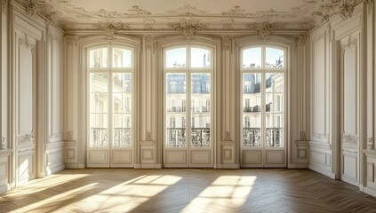Elegant Room with Ornate Moldings, Large Windows, and Hardwood Floors Bathed in Sunlight, Showcasing Classic Architectural Design