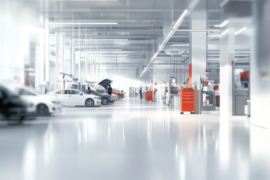 Modern spacious auto repair shop interior with cars.