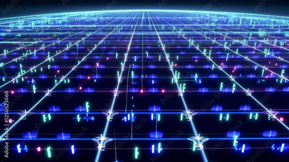 Poster vibrant digital grid glowing numbers in dark virtual space create mesmerizing technology atmosphere