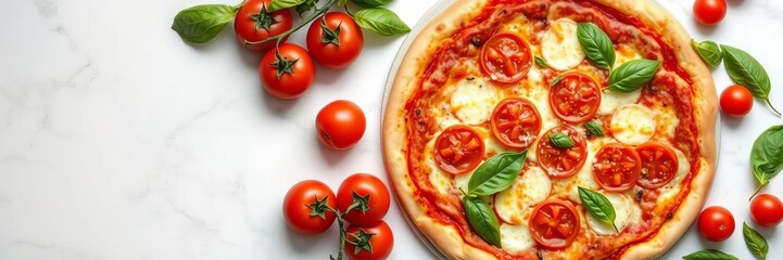 Pizza making ingredients arranged in a top view double border against a white marble background, including cheese, pepperoni, tomatoes, and basil, background, double border
