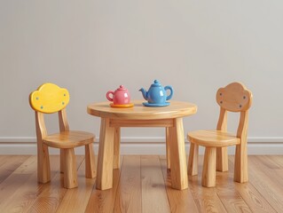 Wooden children's table with chairs and toy tea set. 