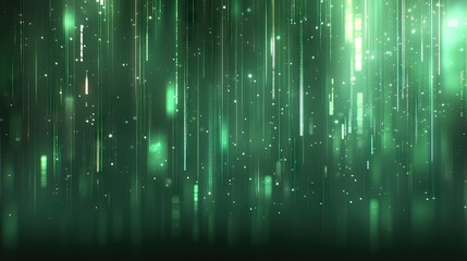 Obraz premium Green light streaks, digital rain, dark background, abstract tech design