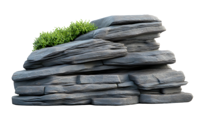 Gray rock formation with greenery, isolated on black, for landscaping design