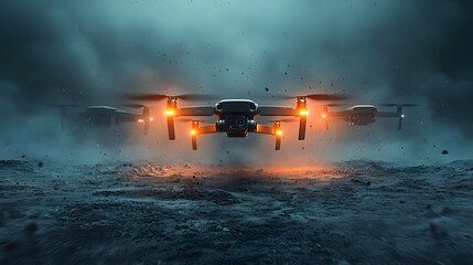 Obraz premium A mysterious futuristic hovering craft emerges from the stormy fog shrouded skies its glowing lights illuminating the desolate post apocalyptic landscape below This dramatic