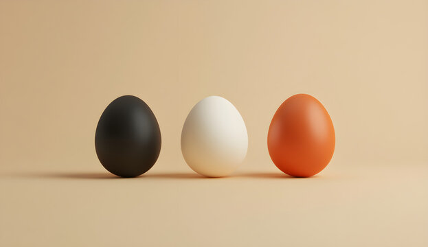 3D rendering of three eggs in the colors of copper, black, and white, isolated on a pure background. 