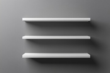 Three white shelves gray wall are arranged row Mockup of white