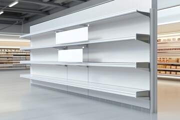 Supermarket Shelves With Attached Banner Or Wobbler. Blank Shelf Flag Display Mock-up. 3D rendering 