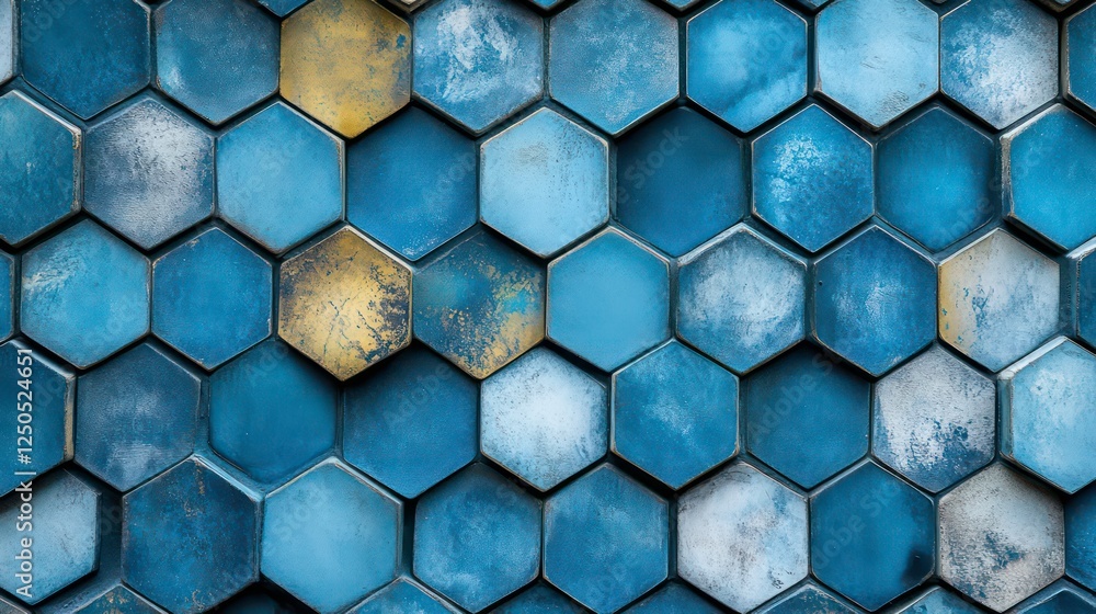Poster close-up of blue hexagonal shapes arranged in a modern pattern, showcasing geometric design and text