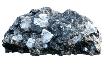 Grey rock with white crystals, isolated on black background, geology, nature