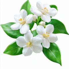 Fototapeta premium Beautiful White Jasmine Flowers with Green Leaves, Perfect for Floral Designs, Botanical Illustrations, and Natural Aesthetics
