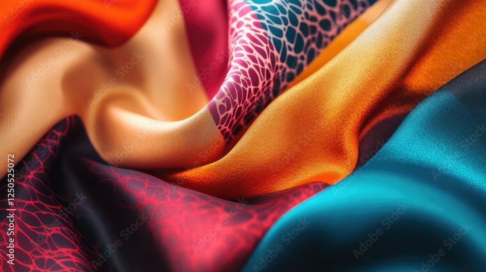 Poster vibrant silk fabric textures with colorful patterns and scrolling waves combining warm and cool hues