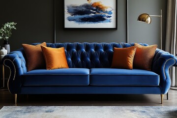 Modern indigo blue velvet sofa with gold frame and legs in an elegant home office interior, combining luxury and contemporary design.