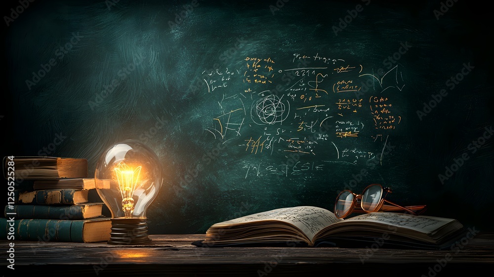Aufkleber educational workspace with chalkboard books and glowing lightbulb symbolizing and innovation this im