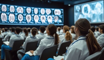 Obraz premium Medical Students Observe Brain Scans, Analyzing Images for Diagnosis in a Conference