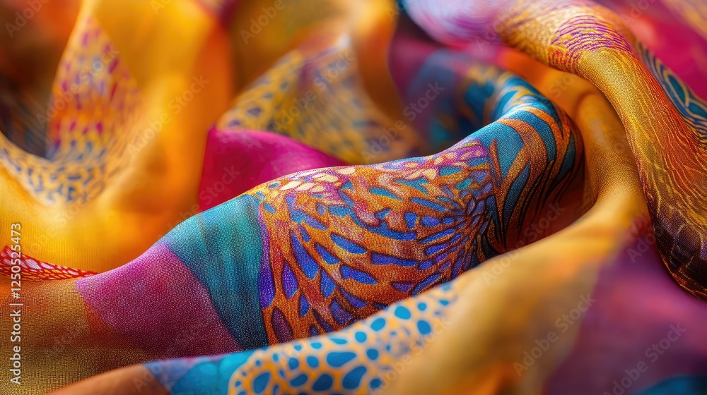 Poster vibrant silk fabric with intricate patterns in bold colors displaying rich textures and smooth drape