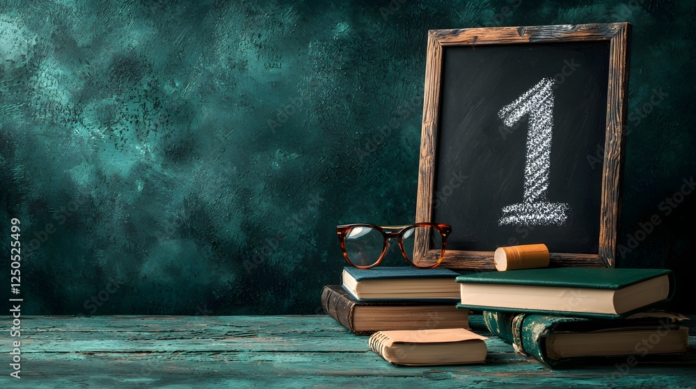 Poster chalkboard with numeric symbol and stack of old worn books on a wooden desk symbolizing the concept 