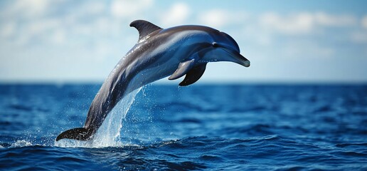 Fototapeta premium Bottlenose dolphin leaps joyfully from the boundless deep blue ocean