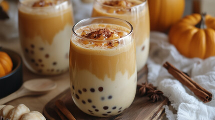 A glass of pumpkin spice latte sits on a wooden table