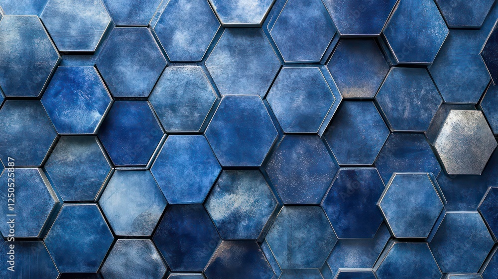 Poster close-up of blue hexagonal shapes arranged in a modern pattern, showcasing geometric design and text