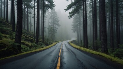 Naklejka premium Winding mountain road through a dense pine forest, enveloped in mist, creating a moody and mysterious atmosphere with depth.
