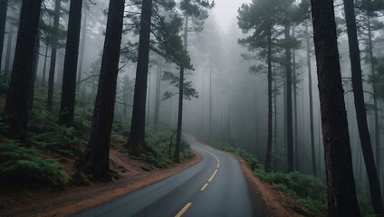 Obraz premium Winding mountain road through a dense pine forest, enveloped in mist, creating a moody and mysterious atmosphere with depth.