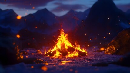 Mesmerizing campfire glowing under the starry night sky with a rugged mountainous landscape in the background