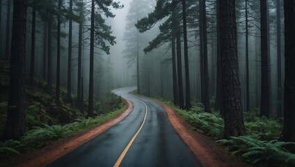 Obraz premium Winding mountain road through a dense pine forest, enveloped in mist, creating a moody and mysterious atmosphere with depth.