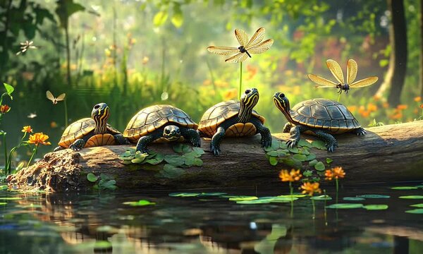 Four turtles basking on a log in a serene pond, surrounded by vibrant flowers and dragonflies