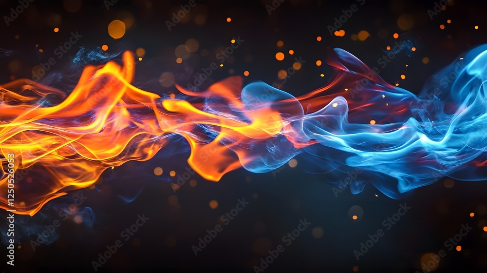 Poster mesmerizing digital artwork depicting a dynamic abstract scene of vivid fiery flames and pulsating e