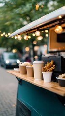 Vibrant food truck serving assorted snacks and drinks at a busy urban location during evening hours