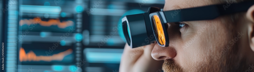 Poster analyzing stock market trends through binocular lenses financial charts and data visualization in a 