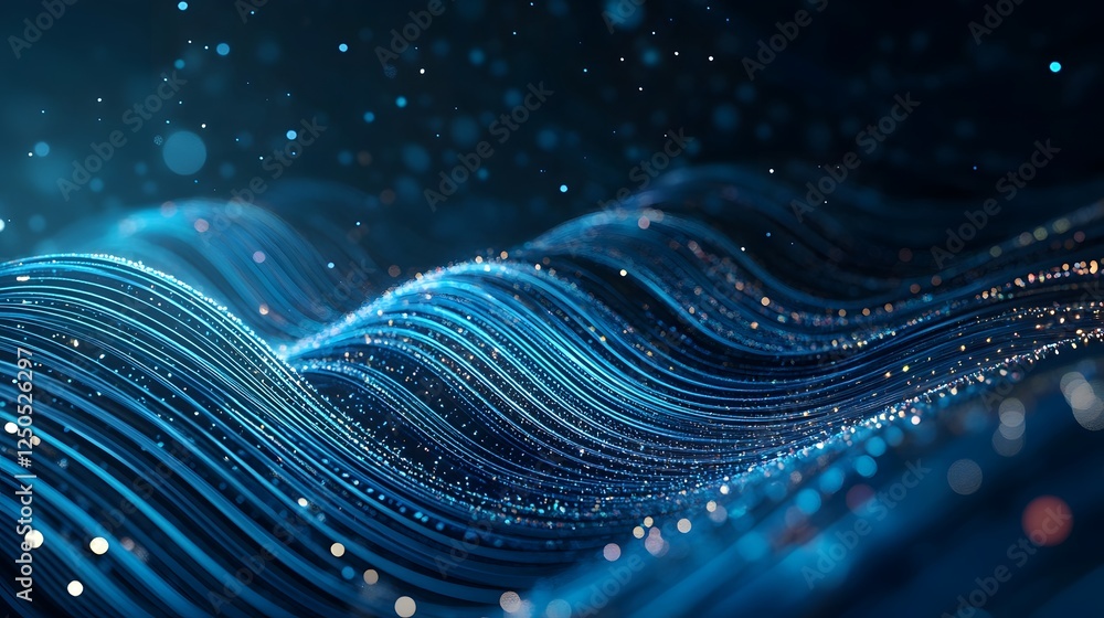 Poster Mesmerizing digital artwork showcasing a captivating display of dynamic flowing waves and lines of vibrant glowing energy and luminous particles in a futuristic ethereal landscape
